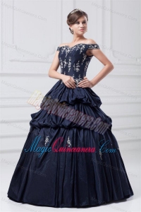 Off The Shoulder Taffeta Navy Blue Quinceanera Dress with Appliques