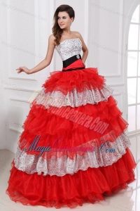 Red and White Strapless Organza Quinceanera Dress with Beading