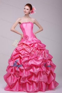 Rose Pink Strapless Hand Made Flowers and Pick-ups Quinceanera Dress