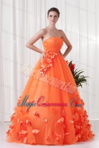 Strapless Orange Red A-line Quinceanera Dress with Hand Made Flowers