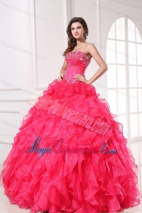 Strapless Organza Coral Red Quinceanera Dress with Beading and Ruffles