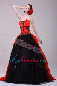 Strapless Red and Black Quinceanera Dress with Appliques with Beading