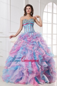 Sweetheart Beading and Ruffles Organza Quinceanera Dress in Multi-color