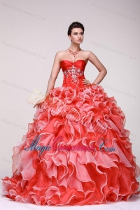 Sweetheart Beading and Ruffles Organza Quinceanera Dress in Red