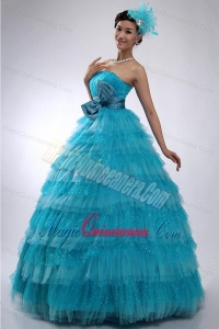 Teal Strapless Tulle and Sequins Long Quinceanera Dress with Bowknot