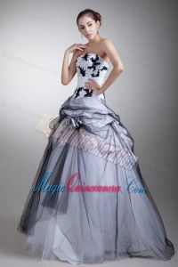 White and Black Strapless Appliques and Flowers Quinceanera Dress