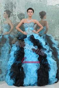 Aqua and Black Sweetheart Beading and Ruffles Quinceanera Dress