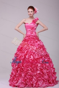 Hot Pink One Shoulder Hand Made Flowers and Ruffles Quinceanera Dress