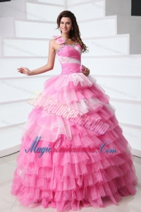 Pink One Shoulder Beading Quinceanera Dress with Ruffles Layered