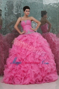 Strapless Rose Pink Organza Beading and Ruffles Quinceanera Dress