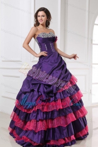 Sweetheart Beading and Flowers Quinceanera Dress in Red and Purple