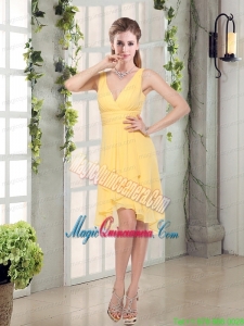 Charming V-neck Yellow Mother Dress Mini Length for Spring
