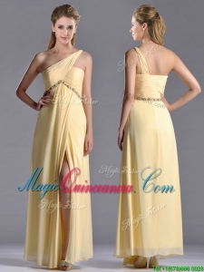 Exquisite One Shoulder Yellow Dama Dress with Beading and High Slit