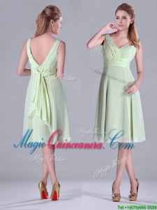 Lovely Tea Length Ruched and Belted Dama Dress in Yellow Green