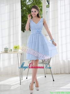 V Neck Chiffon Mother Dress with Ruching and Hand Made Flowers