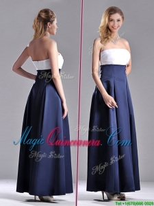 Elegant Strapless Ankle Length Dama Dress in Navy Blue and White