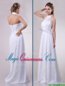 Empire Halter Top Applique Decorated Waist White Dama Dress in Chiffon