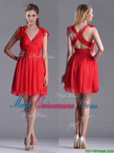 Exclusive V Neck Criss Cross Dama Dress with Ruching and Bowknot