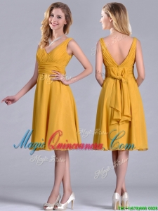 Latest Empire V Neck Ruched Gold Dama Dress in Chiffon