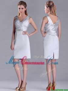 Modern V Neck Belted with Beading Dama Dress in Silver