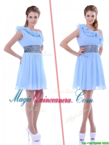 One Shoulder Light Blue Dama Dress with Beaded Decorated Waist and Ruffles