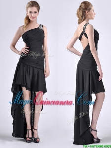 Romantic High Low One Shoulder Black Dama Dress with Criss Cross