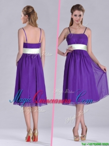 Romantic Spaghetti Straps Belted Eggplant Purple Dama Dress in Tea Length