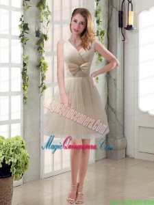Beautiful Champagne Bowknot Princess Mother Dress for Quinceanera with V Neck