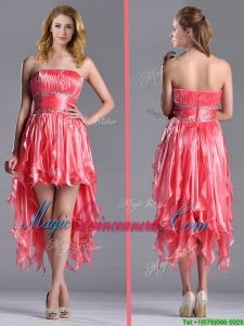 Elegant Strapless High Low Beaded Decorated Waist Dama Dress in Coral Red