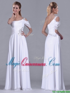 Fashionable Empire One Shoulder Beaded White Long White Dama Dress for Holiday