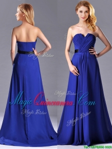 Luxurious Empire Chiffon Royal Blue Dama Dress with Brush Train