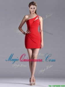 New Arrivals Side Zipper One Shoulder Red Dama Dress with Beading