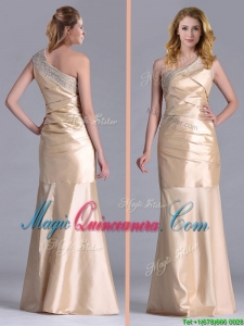 New Column Beaded Decorated One Shoulder Dama Dress in Champagne