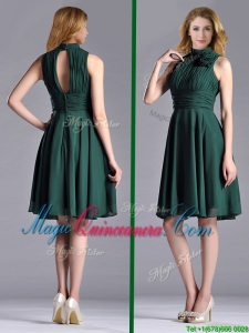 New High Neck Handmade Flower Dark Green Dama Dress with Open Back