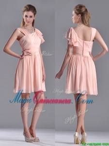 Simple Empire Ruched Peach Dama Dress with Asymmetrical Neckline