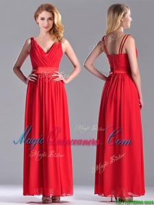 The Super Hot Empire V Neck Red Dama Dress in Ankle Length