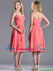 Best Spaghetti Straps Watermelon Dama Dress with Ruching and Bowknot