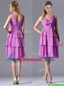 Classical V Neck Lilac Dama Dress with Handcrafted Flower and Ruching