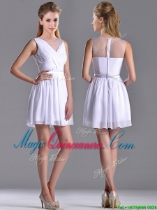 Fashionable See Through Scoop White Dama Dress with Ruching