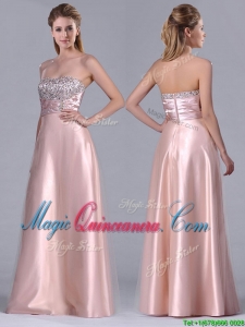 Fashionable Strapless Peach Long Dama Dress with Beaded Bodice