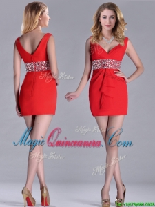 Hot Sale Beaded Decorated Waist V Neck Dama Dress in Red