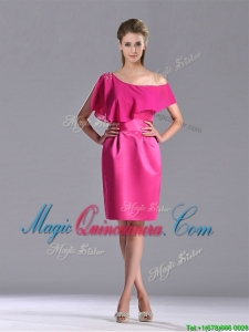 Latest Column One Shoulder Hot Pink Dama Dress with Zipper Up