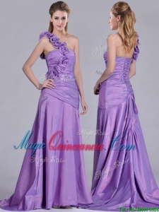 Lovely Brush Train Lilac Dama Dress with Hand Made Flowers Decorated One Shoulder