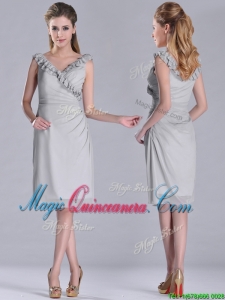 Modest V Neck Grey Chiffon Short Dama Dress with Side Zipper