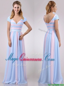 New Deep V Neckline Chiffon Dama Dress in Baby Pink and Light Blue