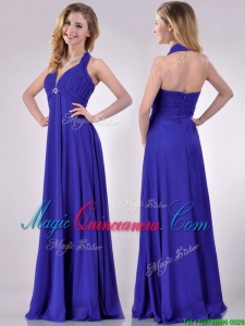 New Style Halter Top Zipper Up Long Dama Dress in Blue