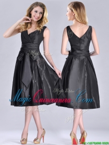 Popular Empire Black Tea Length Dama Dress with Ruching and Bowknot