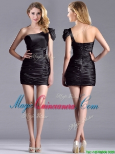 Sexy Column Ruched One Shoulder Black Dama Dress in Taffeta