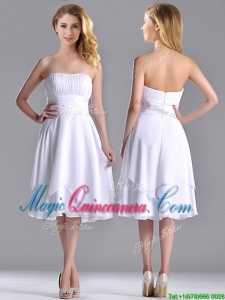 Cheap Strapless Chiffon White Dama Dress with Ruched Decorated Bust
