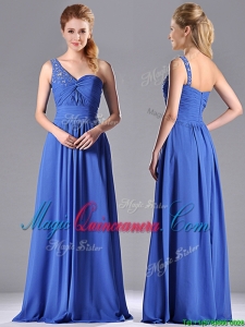 Column Chiffon Beading and Ruching Blue Dama Dress with One Shoulder